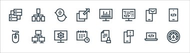 Geliştirme çizgisi simgeleri. Doğrusal küme. optimizasyon, akıllı telefon, takvim, bilgisayar faresi, gönderme, sohbet kutusu, analitik, bağlantı gibi kalite vektör dizileri