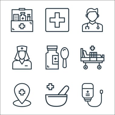 Hastane çizgisi simgeleri. Doğrusal küme. İnfüzyon, eczane, konum, hastane yatağı, şurup, hemşire, doktor, hastane gibi kalite vektör dizileri