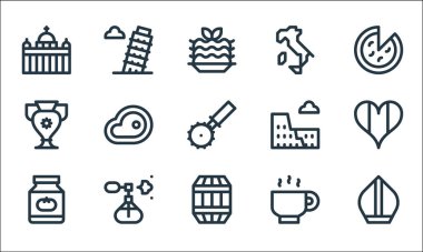 İtalya çizgi simgeleri. Doğrusal küme. Papa, fıçı, domates sosu, kahve fincanı, parfüm spreyi, vazo, kolezyum, İtalya gibi kalite vektör dizileri,