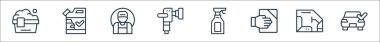 Araba yıkama çizgisi simgeleri. Doğrusal küme. Kaliteli vektör çizgisi: Araba yıkama, iç mekan, silecek, dolgu macunu, cilalayıcı, işçi, deterjan