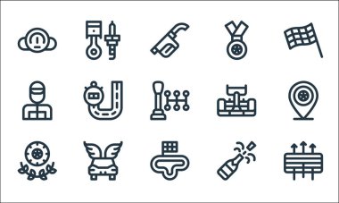 Otomatik yarış çizgisi simgeleri. Doğrusal küme. Hava filtresi, devre, kazanan, şampanya, hız, yarışçı, yarış arabası, madalya, piston gibi kalite vektör çizgisi