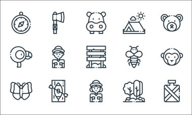 orman çizgisi simgeleri. Doğrusal küme. Su şişesi, kâşif, kelebek, ağaç, kano, flamingo, arı, kamp çadırı, balta gibi kalite vektör çizgisi