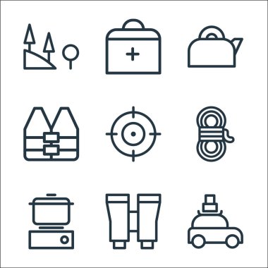 Kamp çizgisi simgeleri. Doğrusal küme. Yolculuk, dürbün, soba, ip, hedef, can yeleği, su ısıtıcısı, tıbbi malzeme gibi kalite vektör çizgisi