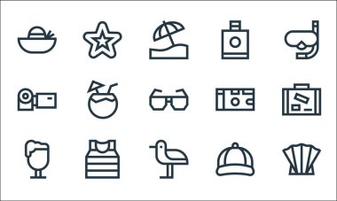 Yaz çizgisi simgeleri. Doğrusal küme. Kabuk, martı, bira, kap, t-shirt, video kamera, güneş kremi, denizyıldızı gibi kalite vektör çizgisi