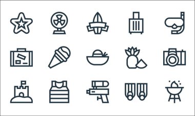 Yaz çizgisi simgeleri. Doğrusal küme. Barbekü, su tabancası, kumdan kale, yüzgeç, tişört, bagaj, ananas, valiz, fan gibi kalite vektör dizileri