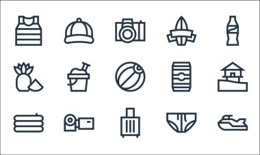 Yaz çizgisi simgeleri. Doğrusal küme. Kaliteli vektör dizisi, örneğin, bagaj, şişme havuz, mayo, video kamera, ananas, bira kutusu, sörf, şapka