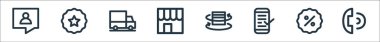 Düz ekom çizgisi simgeleri. Doğrusal küme. Arama, indirim, onay, dönüş, alışveriş mağazası, teslimat, en iyi ürün gibi kalite vektör dizileri