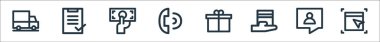 Düz ekom çizgisi simgeleri. Doğrusal küme. kalite vektör satırı seti: Seçme, teklif, hediye, arama, para, kontrol listesi