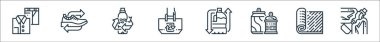 Geri dönüşüm çizgisi simgeleri. Doğrusal küme. Kaliteli vektör çizgisi: Temizleme, halı, kutu, süt şişesi, çanta, su şişesi, spor ayakkabı.