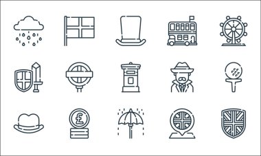 İngiltere hat simgeleri. Doğrusal küme. Kaliteli vektör çizgisi, kalkan, şemsiye, fötr şapka, yer tutucu, pound, savaşçı, dedektif, çift katlı otobüs, İngiltere