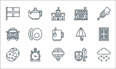 İngiltere hat simgeleri. Doğrusal küme. Yağmur, yeraltı, kurabiye, savaşçı, cep saati, taksi, şemsiye, çift katlı otobüs, çaydanlık