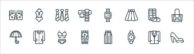 Moda çizgisi simgeleri. Doğrusal küme. Topuk, saat, pantolon, şemsiye, çorap, kravat, kol saati, mayo gibi kalite vektör çizgisi