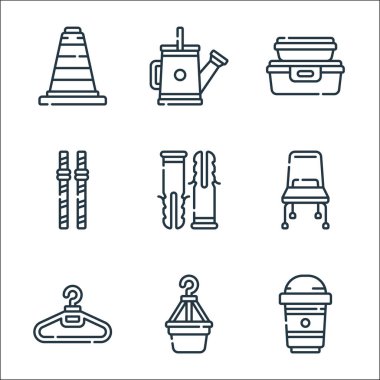 Plastik ürünler çizgisi simgeleri. Doğrusal küme. Kaliteli vektör çizgisi: paket servisi, saksı, elbise askısı, sandalye, duvar tıkacı, saman, yiyecek kabı, sulama kutusu