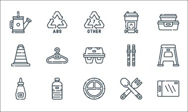 Plastik ürünler çizgisi simgeleri. Doğrusal küme. Kesme tahtası, plastik, mayonez, çatal bıçak, su şişesi, koni, saman, geri dönüşüm kutusu, geri dönüşüm kutusu gibi kalite vektör çizgisi kümesi