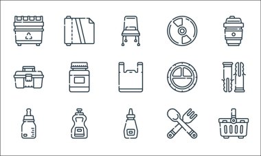 Plastik ürünler çizgisi simgeleri. Doğrusal küme. Sepet, mayonez, bebek şişesi, çatal bıçak, sos, alet çantası, plastik, cd, plastik gibi kalite vektör çizgisi kümesi