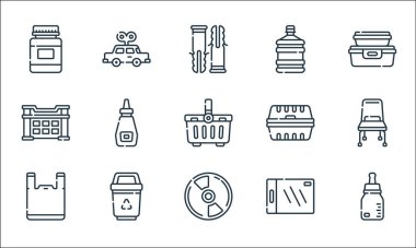 Plastik ürünler çizgisi simgeleri. Doğrusal küme. Bebek şişesi, CD, plastik torba, kesme tahtası, geri dönüşüm kutusu, sandık, ambalaj, su dağıtıcısı, araba oyuncağı gibi kalite vektör dizileri