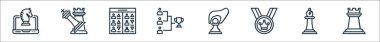 Satranç çizgisi simgeleri. Doğrusal küme. Kalite vektör çizgisi: kale, fil, kazanan, hamle, oyun istatistikleri, oyuncular, saldırı