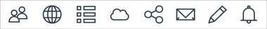 Web esasları çizgi simgeleri. Doğrusal küme. Uyarı, kalem, e-posta, paylaşım, bulut hesaplama, menü, küresel