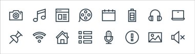 Web esasları çizgi simgeleri. Doğrusal küme. Ses, uyarı, menü, pin, kulaklık, tarayıcı, takvim, müzik notası gibi kalite vektör satırı kümesi