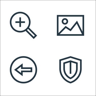 Web esasları çizgi simgeleri. Doğrusal küme. Kalite vektör çizgisi: Kalkan, sırt oku, resim gibi