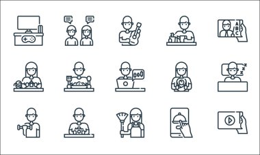 Ev çizgisi simgelerinde kalın. Doğrusal küme. Süpürge, egzersiz, online sipariş, fotoğrafçı, örgü, bebek, sulama bitkileri, konuşma gibi kalite vektör dizileri