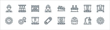 Seri üretim çizgisi simgeleri. Doğrusal küme. paket, hard hat, otomasyon, üretkenlik, gıda, depo, ambalaj, portakal suyu gibi kalite vektör dizileri