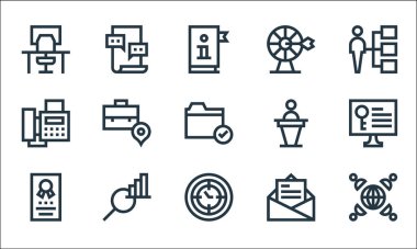 iş satırı simgeleri. Doğrusal küme. Uluslararası işletme, zaman yönetimi, sertifika, e-posta, veri analizi, faks, konuşma, hedef, forum gibi kalite vektör çizgisi