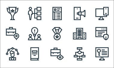 iş satırı simgeleri. Doğrusal küme. Anahtar kelimeler, evrak çantası, beceriler, diyagram, kitap, konum, şirket, mobil pazarlama gibi kalite vektör dizileri