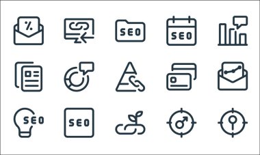 Web uygulamaları seo line simgeleri. Doğrusal küme. Hedef, vegan, fikir, erkek, yapıştırıcı, cit kartı, takvim, masaüstü gibi kalite vektör çizgisi kümesi