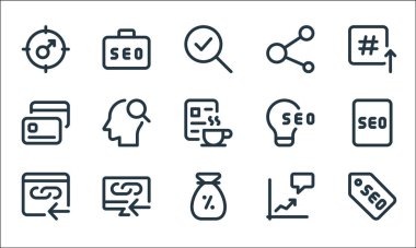 Web uygulamaları seo line simgeleri. Doğrusal küme. Etiket, kazanç, üst bağlantı, sohbet, masaüstü, cit kartı, fikir, paylaşım, iş gibi kalite vektör dizileri
