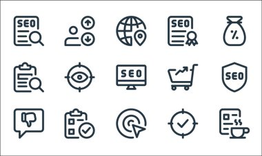 Web uygulamaları seo line simgeleri. Doğrusal küme. Sıcak içecek, konum, sosyal medya, tik işareti, pano, arama, pazarlama, sertifika, çoklu satır gibi kalite vektör çizgisi