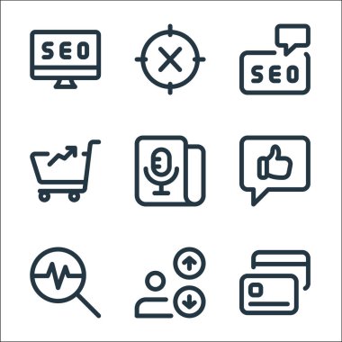 Web uygulamaları seo line simgeleri. Doğrusal küme. Cit kart, çoklu satır, trafik, sosyal medya, mikrofon, pazarlama, iletişim gibi kalite vektör çizgisi seti