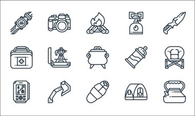 Kamp çizgisi simgeleri. Doğrusal küme. Kettle, uyku tulumu, GPS, çadır, balta, ilk yardım kutusu, konserve, kamp gazı, kamera gibi kalite vektör dizileri