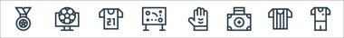 Futbol sahası ikonları. Doğrusal küme. Futbol, hakem, ilk yardım kiti, kaleci, oyun stratejisi, oyuncu, futbol gibi kalite vektör dizileri