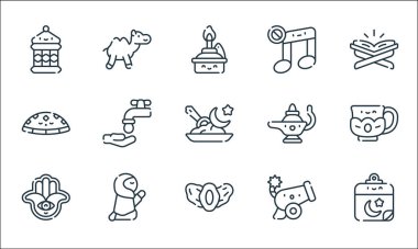 Ramazan çizgi simgeleri. Doğrusal küme. Takvim, tarih, hamsa, top, dua, şapka, yağ lambası, müzik, deve gibi kalite vektör dizileri