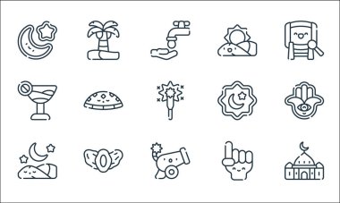 Ramazan çizgi simgeleri. Doğrusal küme. Cami, top, uyku, sayma, hurma, alkol yok, el hizb, gün doğumu, palmiye ağacı gibi kalite vektör dizileri