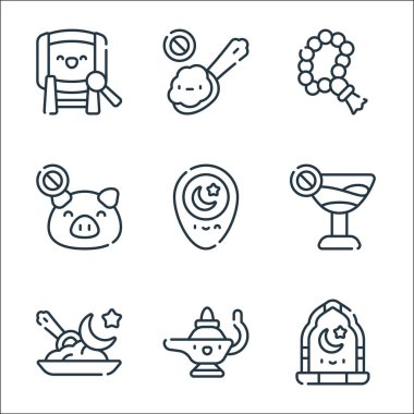 Ramazan çizgi simgeleri. Doğrusal küme. Pencere, yağ lambası, ramazan, alkol yok, konum, yemek yok, tasbih, yemek yok gibi kalite vektör dizileri