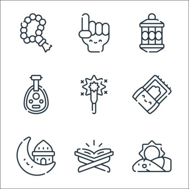 Ramazan çizgi simgeleri. Doğrusal küme. Gündoğumu, Kuran, müslüman, sajadah, maytap, oud, fener gibi kalite vektör dizileri