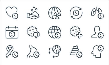 Koronavirüs çizgisi simgeleri. Doğrusal küme. Baş, salgın, kurdele, dışkı testi, mide ağrısı, uyarı, sağlık hizmeti, tazeleme, el gibi kalite vektör çizgisi