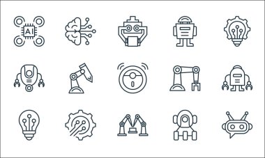 Robot çizgisi simgeleri. Doğrusal küme. Chatbot, robot kolu, ampul, robot kolu, işlem, robot kolu, yapay zeka gibi kalite vektör dizileri