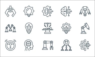 Robot çizgisi simgeleri. Doğrusal küme. Beyin, robot kolu, robot elektrik süpürgesi, robot, robot, yapay zeka, kol, yenilik, yapay zeka, ampul gibi kalite vektör dizileri