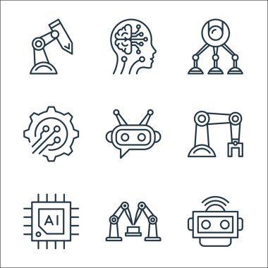 Robot çizgisi simgeleri. Doğrusal küme. Robot, robot kolu, çip, robot kolu, robot kolu, sohbet robotu, işlem, yapay zeka gibi kalite vektör dizileri