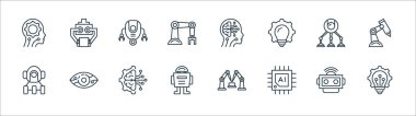 Robot çizgisi simgeleri. Doğrusal küme. yenilik, çip, robot, robot, robot, yapay zeka gibi kalite vektör dizileri