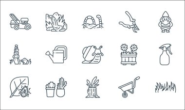 Bahçe çizgisi simgeleri. Doğrusal küme. Çim, ağaç kütüğü, uğur böceği, el arabası, kaktüs, taşlar, saksı, budama makası, şelale gibi kalite vektör çizgisi