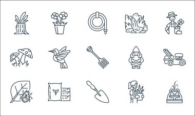 Bahçe çizgisi simgeleri. Doğrusal küme. Çeşme, kürek, uğur böceği, bahçıvan, gübre, mantar, cüce, şelale, çiçek gibi kalite vektör dizileri