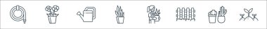 Bahçe çizgisi simgeleri. Doğrusal küme. Filiz, kaktüs, çit, bahçıvan, yılan bitkisi, sulama kutusu, çiçek gibi kalite vektör dizileri