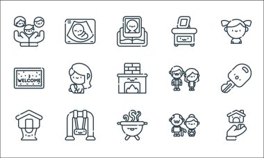 Aile çizgisi simgeleri. Doğrusal küme. Aile, barbekü, ağaç ev, büyükanne ve büyükbaba, salıncak, paspas, çift, resim, ultrason gibi kalite vektör dizileri