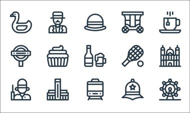 İngiltere hat simgeleri. Doğrusal küme. Dönme dolap, tren, muhafız, polis şapkası, yeraltı, tenis raketi, fayton, beyefendi gibi kalite vektör çizgisi