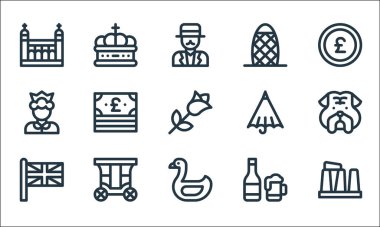 England line icons. linear set. quality vector line set such as stonehenge, swan, union jack, beer, carriage, queen, umbrella, crown vector