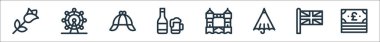 İngiltere hat simgeleri. Doğrusal küme. Para, sendika valesi, şemsiye, kule köprüsü, bira, dedektif şapkası, dönme dolap gibi kalite vektör dizileri